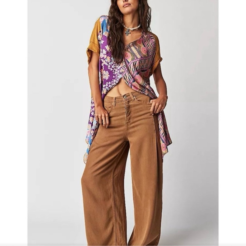 Free People Your Scarf Linen Blend Tunic Top Brown Medium